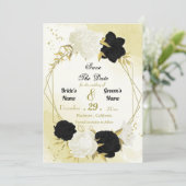 Schwarz-weiße Blume Gold Blätter Save The Date (Stehend Vorderseite)