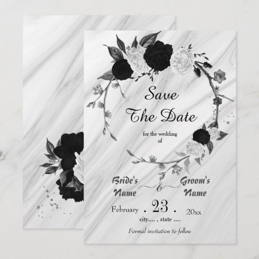 Schwarz-weiße Blume graue Blätter botanischer Kran Save The Date (Vorne/Hinten)