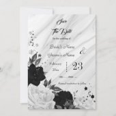 Schwarz-weiße Blume graue Blätter Marmor Save The Date (Vorderseite)