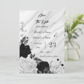 Schwarz-weiße Blume graue Blätter Marmor Save The Date (Stehend Vorderseite)