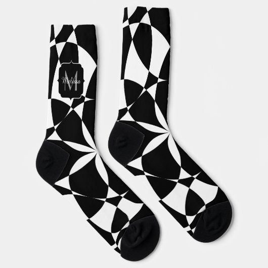 Schwarz-weiße Blume Mandala mosaic Retro Monogramm Socken (Rechts)