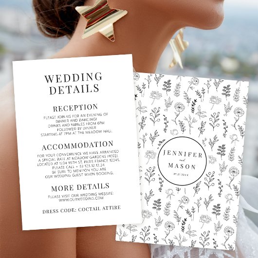 Schwarz-weiße Blume Minimalistische Hochzeitsdetai Begleitkarte