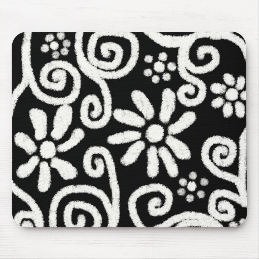 Schwarz-weiße Blume mit Blumen und Wirbel Blume Sw Mousepad (Vorne)