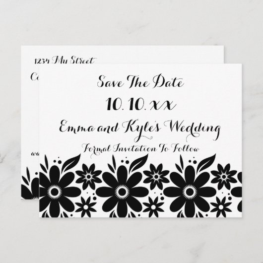 Schwarz-weiße Blume Save the Date oder einladen Ankündigungspostkarte (Vorne/Hinten)