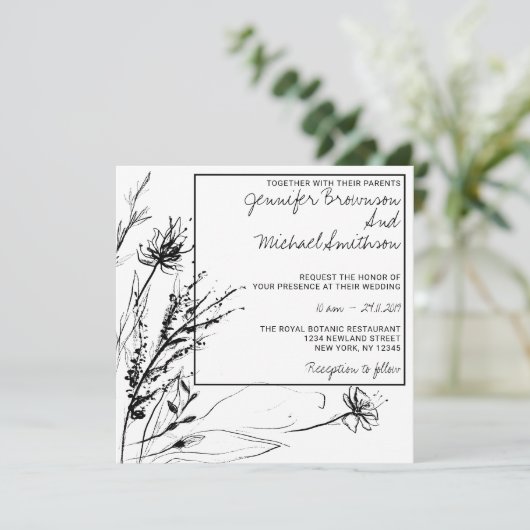 Schwarz-weiße Blume Sketch Botanisch Einladung (Stehend Vorderseite)
