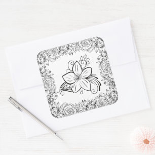 Schwarz-weiße Blumen-Eleganz Quadratischer Aufkleber