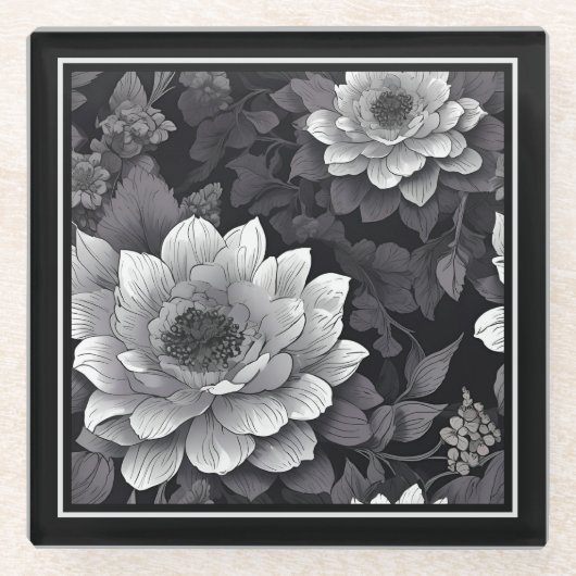 Schwarz-Weiße Blumen Glasuntersetzer (Vorderseite)