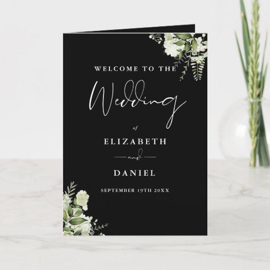 Schwarz-weiße Blumen-Hochzeit mit Grünpflanzen Programm (Vorderseite)