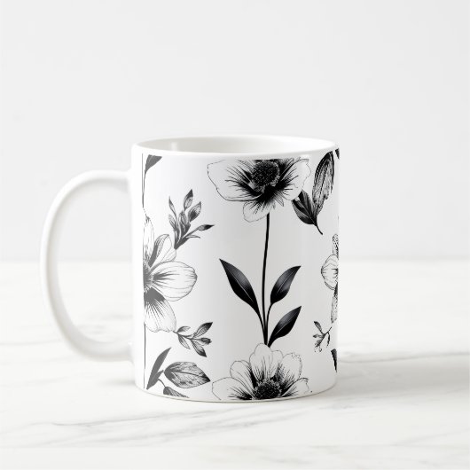 Schwarz-weiße Blumen Kaffeetasse (Links)
