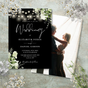 Schwarz-Weiße Blumen-Lichterkette Foto-Hochzeit Einladung