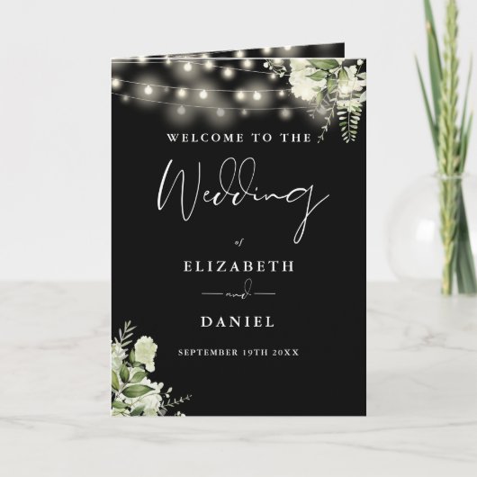 Schwarz-Weiße Blumen-Lichterkette Hochzeit Programm (Vorderseite)