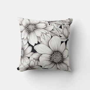Schwarz Weiße Blumen Linienkunst Handgezeichnet Kissen
