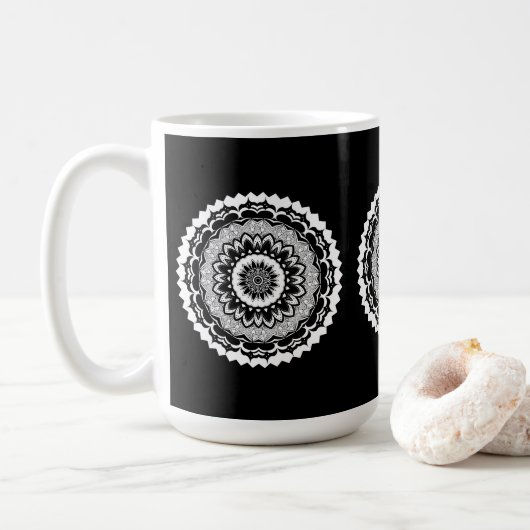 Schwarz-Weiße Blumen-Mandala-Tasse Kaffeetasse (Mit Donut)