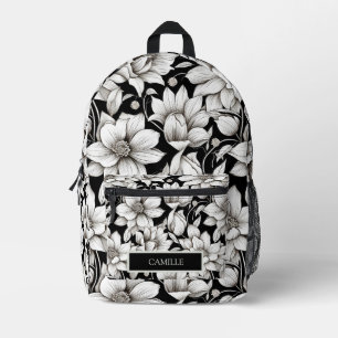 Schwarz-weiße Blumen-Monogramm-Name-Camp-Schule Bedruckter Rucksack
