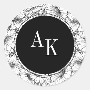 Schwarz-weiße Blumen-Name-Monogramm-Hochzeit Runder Aufkleber