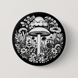 Schwarz-weiße Blumen und Pilze Vintage Button