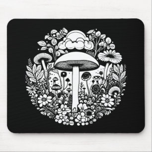 Schwarz-Weiße Blumen und Pilze Vintage Mousepad