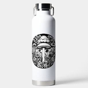 Schwarz-Weiße Blumen und Pilze Vintage Trinkflasche