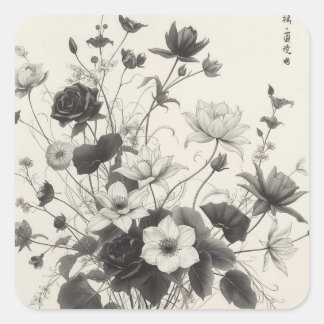 schwarz-weiße Blumendesigns, Quadratischer Aufkleber