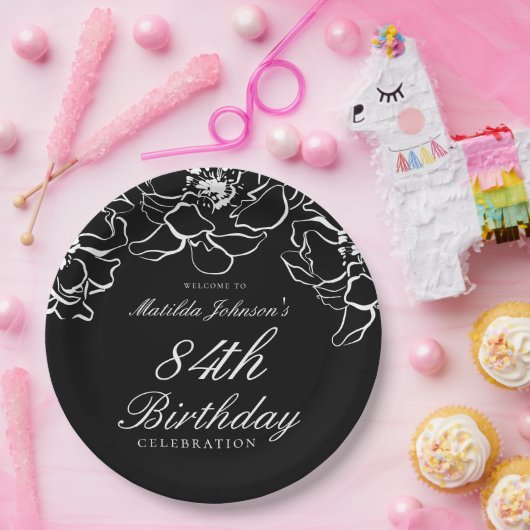 Schwarz-weiße Blumenfeier Pappteller (Party)