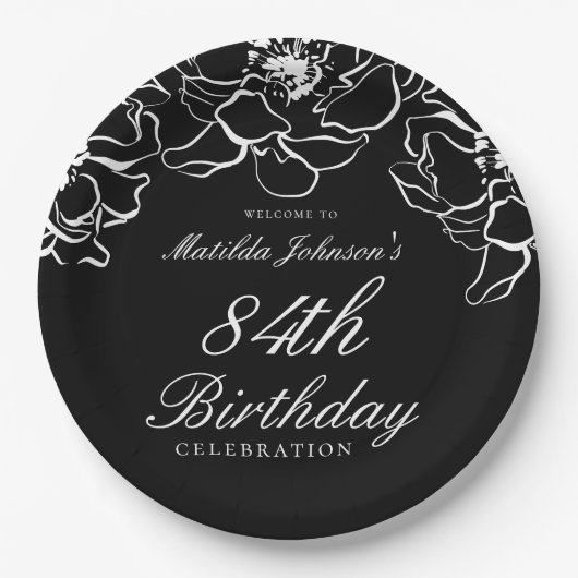 Schwarz-weiße Blumenfeier Pappteller (Vorderseite)