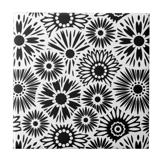 Schwarz-weiße Blumenfliese Fliese (Vorderseite)