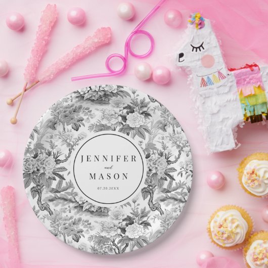 Schwarz-weiße blumengeschmückte Hochzeitspapiere T Pappteller (Party)