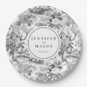 Schwarz-weiße blumengeschmückte Hochzeitspapiere T Pappteller (Vorderseite)