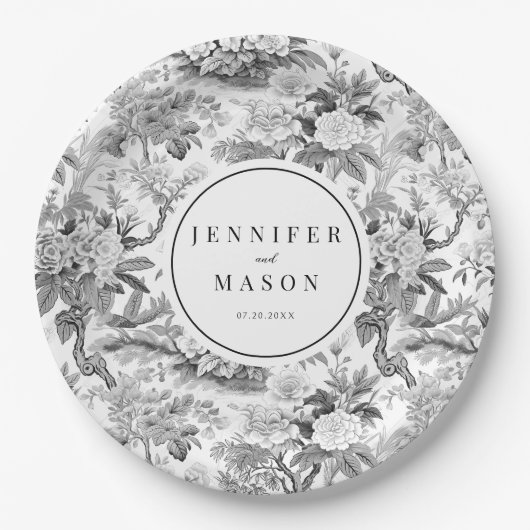 Schwarz-weiße blumengeschmückte Hochzeitspapiere T Pappteller (Vorderseite)