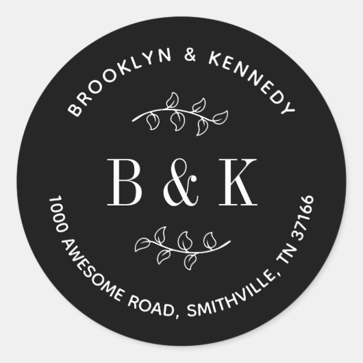 Schwarz-weiße Blumenhochzeit Rücksendeadresse Runder Aufkleber (Vorderseite)
