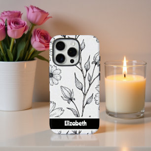 Schwarz-weiße Blumenlinie Art Smartphone iPhone 16 Pro Hülle