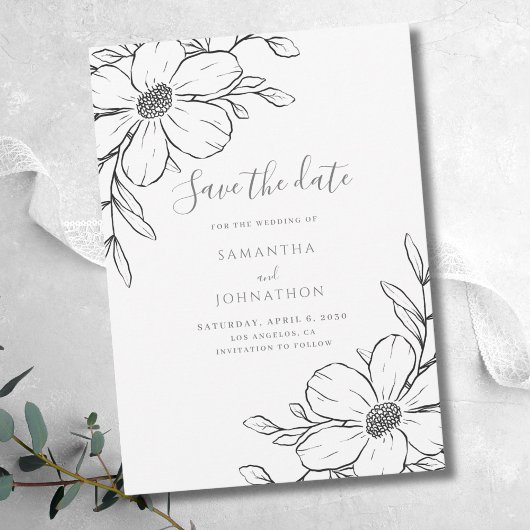 Schwarz-weiße Blumenreihe Zeichnend Hochzeit Save The Date