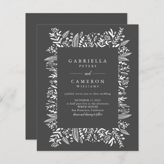 Schwarz-weiße Blumenstrasse Einladung (Vorne/Hinten)