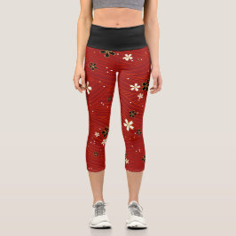 Schwarz-Weiße Blüten Capri Leggings