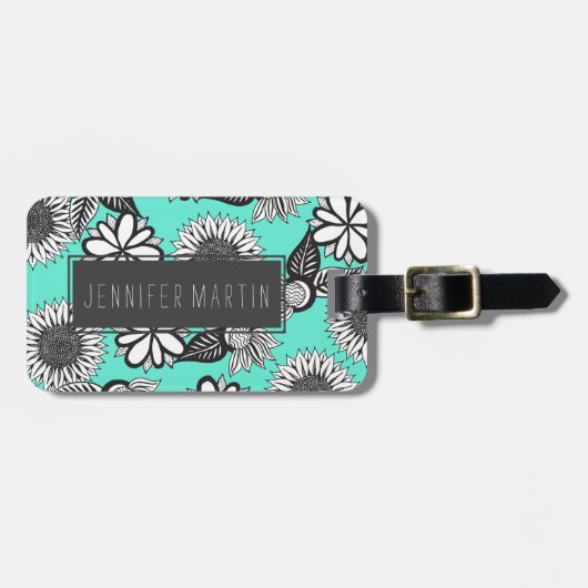 Schwarz-weiße Bohemische Hand gezeichnete Blumen Gepäckanhänger (Vorderseite horizontal)