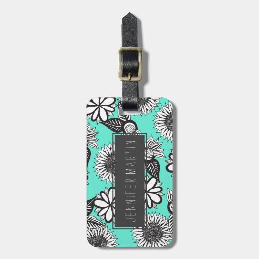 Schwarz-weiße Bohemische Hand gezeichnete Blumen Gepäckanhänger (Vorderseite vertikal)