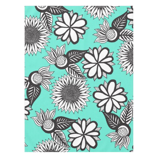 Schwarz-weiße Bohemische Hand gezeichnete Blumen Tischdecke (Vorderseite)