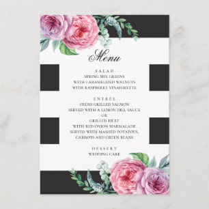 Schwarz-weiße Boho-Hochzeit. Wasserfarbe rosa flor Menükarte
