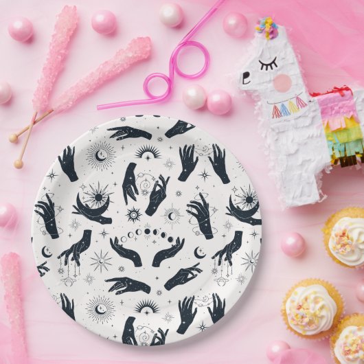 Schwarz-weiße Boho Moon-Hand Pappteller (Party)