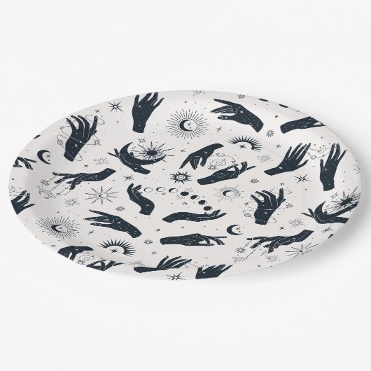 Schwarz-weiße Boho Moon-Hand Pappteller (Schrägansicht)