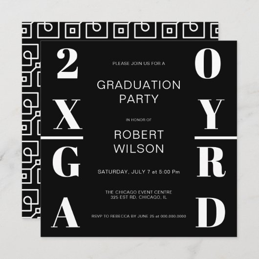 Schwarz-weiße Bold Typografy Graduation Party Invi Einladung (Vorne/Hinten)