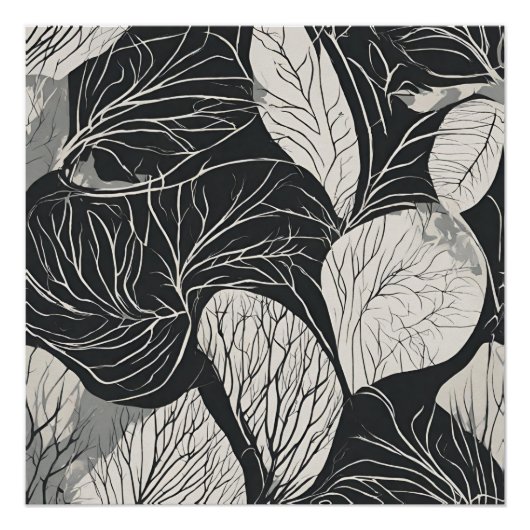 Schwarz-weiße botanische Blattkunst Poster (Vorderseite)
