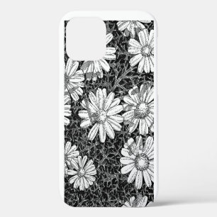 Schwarz-weiße botanische Gänseblümchen-Tinte-Zeich iPhone 12 Hülle