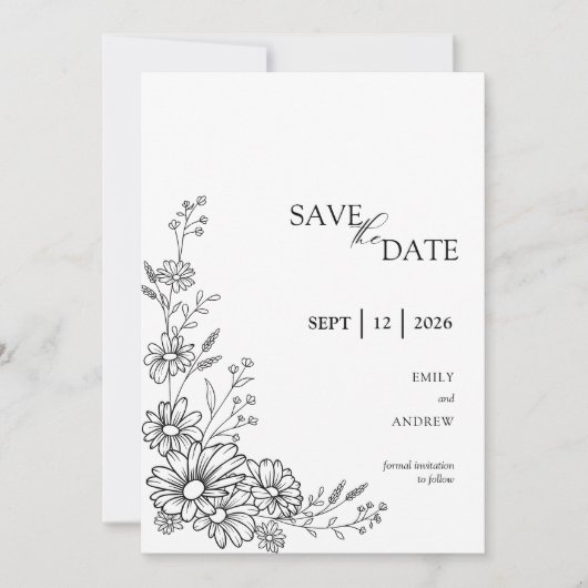 Schwarz-weiße botanische Gartenehe mit Daisy Save The Date (Vorderseite)