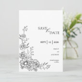 Schwarz-weiße botanische Gartenehe mit Daisy Save The Date (Stehend Vorderseite)