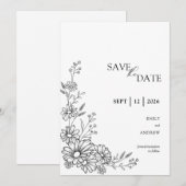 Schwarz-weiße botanische Gartenehe mit Daisy Save The Date (Vorne/Hinten)