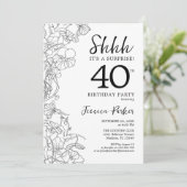 Schwarz-weiße botanische Überraschung 40. Geburtst Einladung (Stehend Vorderseite)