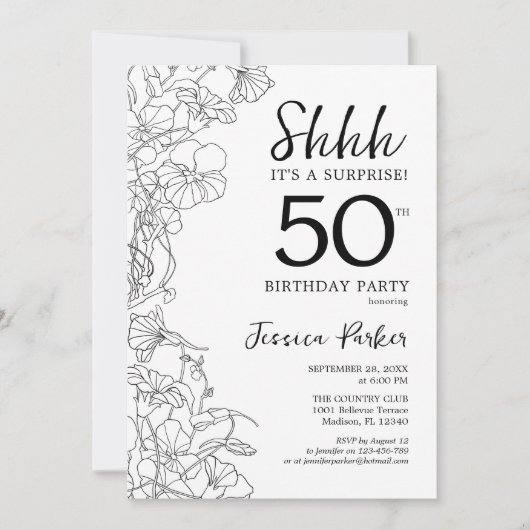 Schwarz-weiße botanische Überraschung 50. Geburtst Einladung (Vorderseite)