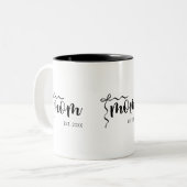 Schwarz-weiße Bow-Schriftzug Mom Established Elega Zweifarbige Tasse (Vorderseite Links)