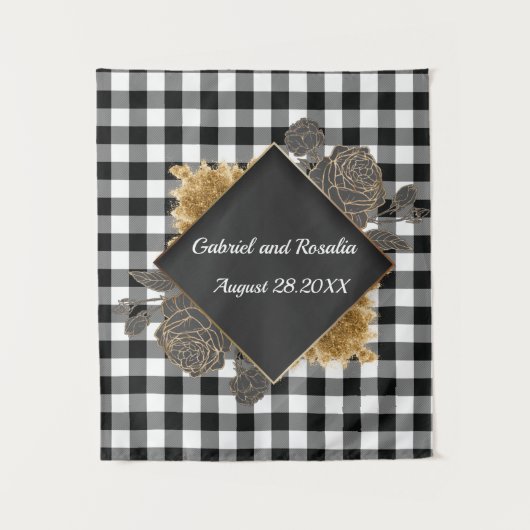 Schwarz-weiße Buffalo Karo Rose Rahmen Hochzeitsba Wandteppich (Vorderseite)